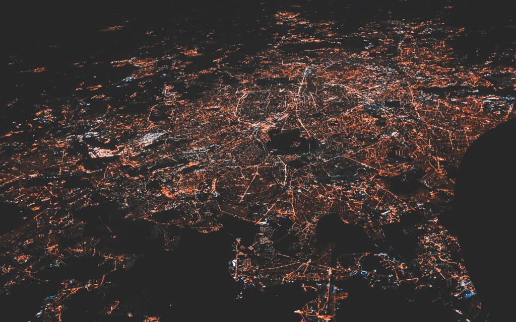 Aerial view of city at night