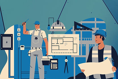 Illustration of construction workers with tools and blueprint