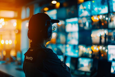 Security guard monitoring remote surveillance screens