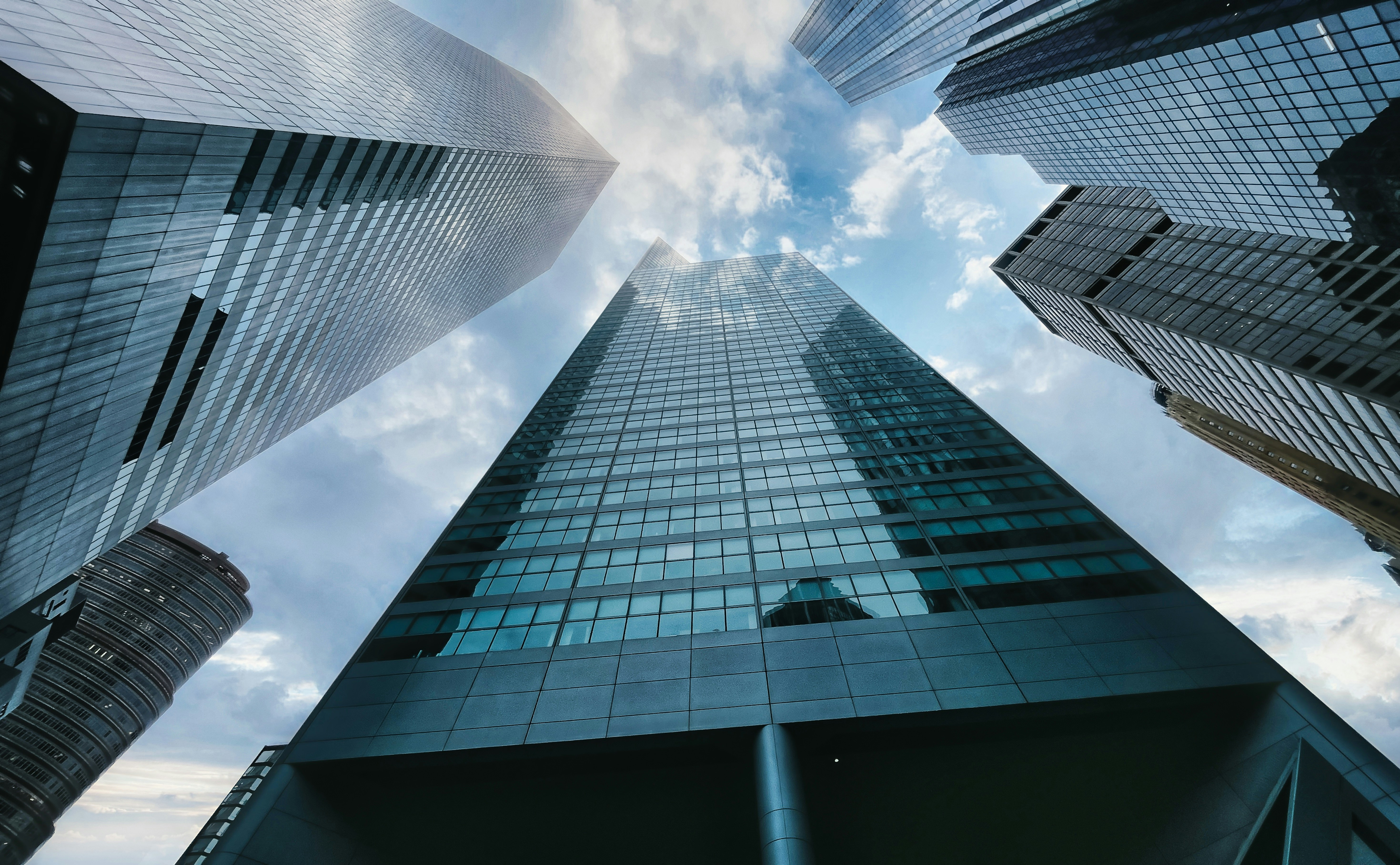 View looking up between skyscrapers