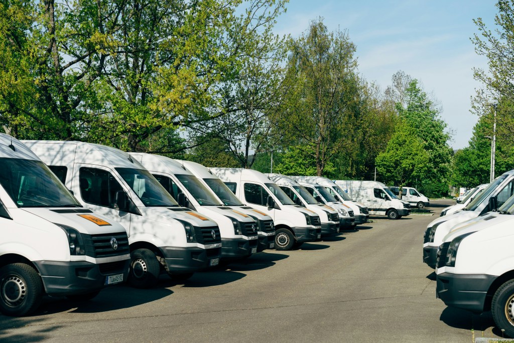 Two rows of white transit vans parked in a car park
